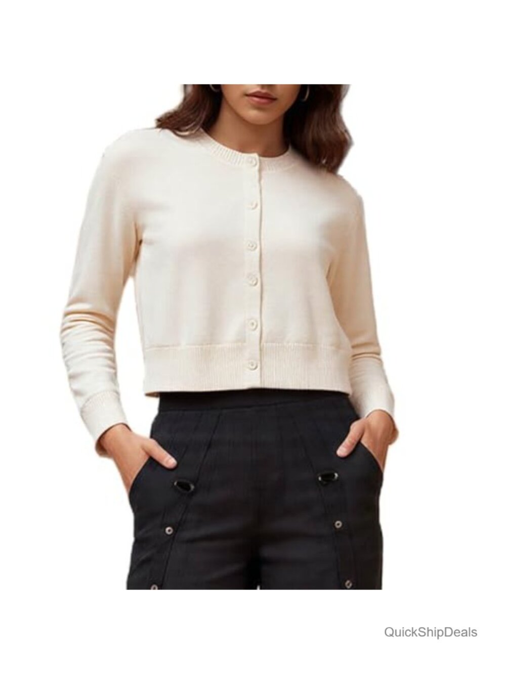 Cropped Cardigan Sweater Long Sleeve Button Front Knit Top